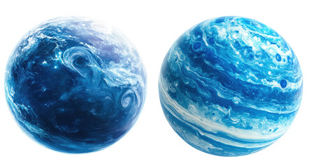 Twins of deep blue planets with swirling storm patterns, echoing gas giants in deep space.