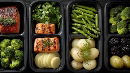 Top-down view of organized meal prep containers representing healthy food, diet planning, and clean eating habits