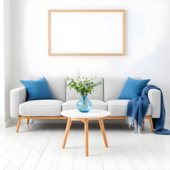 Poster mockup with horizontal frame hanging on the wall in living room interior with sofa, blue plaid and green branches in vase on empty white background. 3D rendering, illustration. 