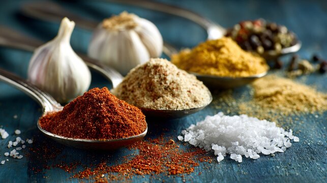 BBQ rub ingredients like paprika, garlic and salt arranged in spoons, airy layout