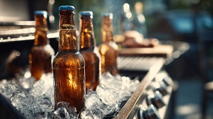 Beer bottles on ice near grill station, airy composition