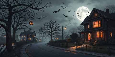 Spooky halloween night with a full moon flying bats and haunted houses on a winding road