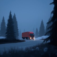 An atmospheric shot of a red truck with its headlights on, driving along a winding road through a foggy pine forest with patches of snow at dusk