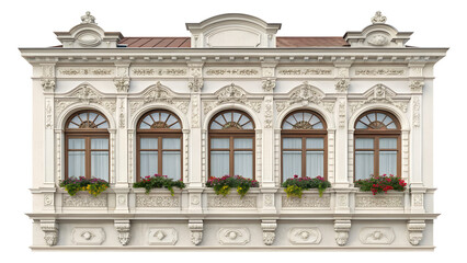 An ornate and decorative building facade with arched windows and flower boxes, isolated on a transparent background