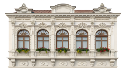 An ornate and decorative building facade with arched windows and flower boxes, isolated on a transparent background