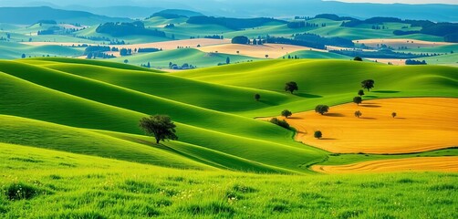 Rolling green hills, lush meadow, scattered trees, golden fields,  farmland,  flora