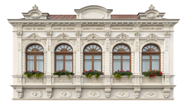 An ornate and decorative building facade with arched windows and flower boxes, isolated on a transparent background