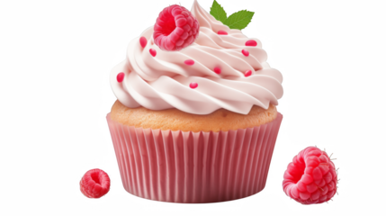 Delightful vanilla cupcake with creamy frosting and fresh raspberries on a black background offers a tempting treat.