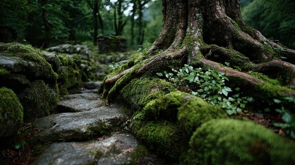 Fototapeta premium Tree roots wrapping around moss-covered stones representing ancient forest, strength, grounding, and natural life