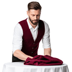 Waiter Preparing Table with Cloth for Fine Dining Experience Setup