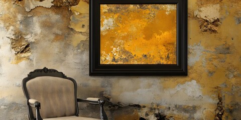 Abstract Gold Texture Painting on Grungy Wall with Antique Chair