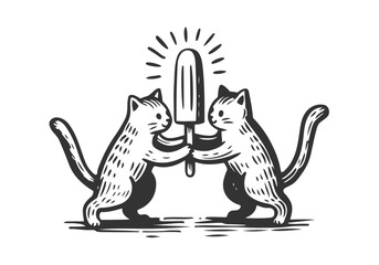 Dog and Cat Eating Ice Cream Hand Drawn Natural Illustration Stylized as Linocut Vector Isolated by AZ for Books, Arts, Design and Decoration Graphic Asset