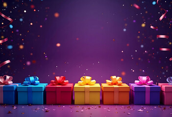 Colorful Gift Boxes with Festive Confetti Background. A vibrant image featuring a row of colorful gift boxes, each with a distinct ribbon, against a purple background filled with celebratory confetti.