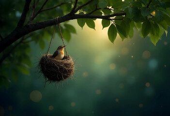 Tranquil Bird in a Hanging Nest, a Peaceful Nature Scene. A small, perched bird sits peacefully in a rustic nest hanging from a tree branch.
