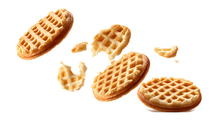  Waffles cookies falling isolated on a white background