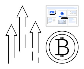 Three rising arrows signifying growth, Bitcoin symbol, and analytics dashboard display. Ideal for cryptocurrency, investments, blockchain, trading, financial planning, data analysis fintech