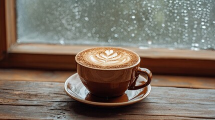 Brown cup of hot latte with leaf foam art on wooden table by rainy window in cozy rustic coffeehouse