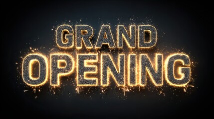 Grand opening glitter sign with sparkling light effects and black background for event celebration