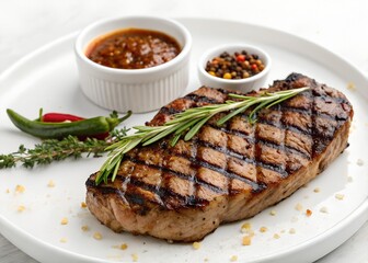 Grilled meat steak garnished with chili peppers and herbs, served with sauce and spice condiments.