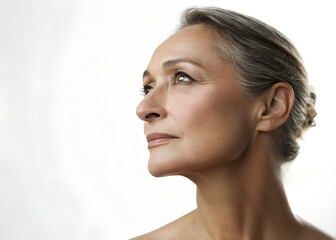 Lightskinned woman with face lines looks towards light on a white background
