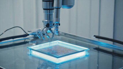 Robotic Arm Performing Precise Microchip Analysis in Scientific Laboratory