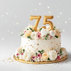 Elegant floral birthday cake with gold number 75 topper, pastel roses and white cream on festive background