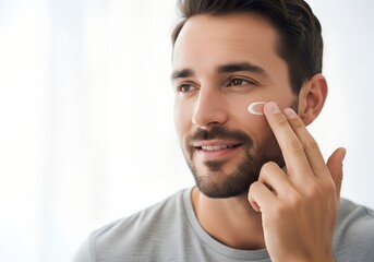 Caucasian man applies moisturizing cream to his cheek with his fingers on white background