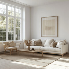 Bright, minimalist living room with large windows, light-colored furniture, and a neutral artwork