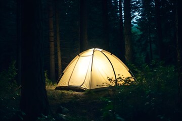 Illuminated tent in a dark forest