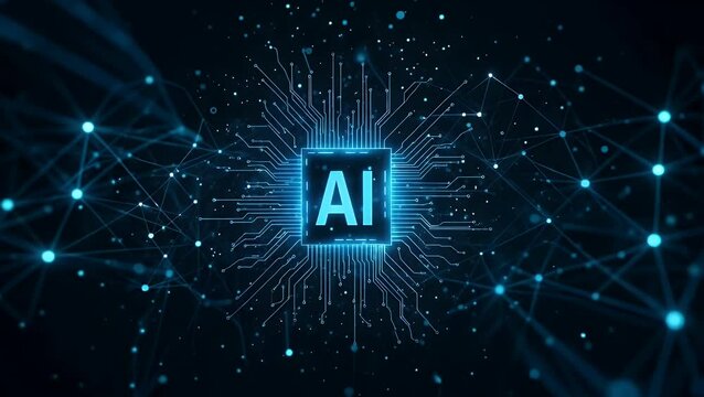 A glowing blue AI chip surrounded by a network of digital connections