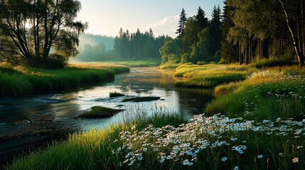 A beautiful and peaceful summer landscape of a calm river winding through a lush green meadow filled with white wildflowers and vibrant forests