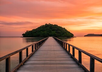 Wooden pier leading to a tranquil island at sunset