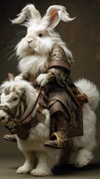 The king of the huns riding a white fluffy rabbit as a horse
