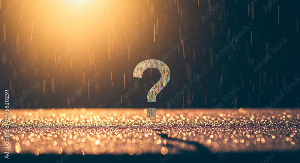 Sticker shiny question mark in the rain on a dark background