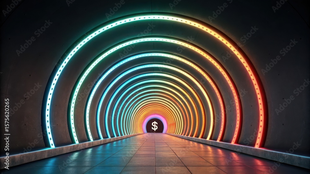 Poster t bank illuminated tunnel featuring a dollar sign at the end, creating a dynamic, futuristic atmosph