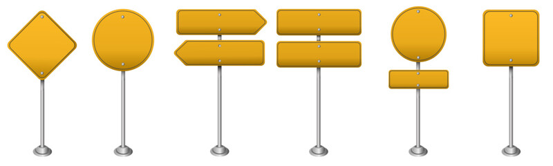 Collection of blank yellow road signs in different shapes, perfect for customization and design use.