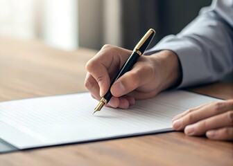 The hand of a person writing a detailed document with a fountain pen.