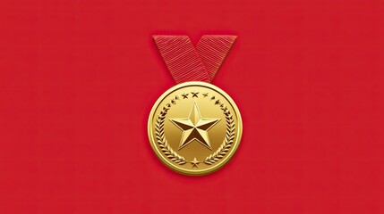 Golden medal with large central star and laurel emblem on vivid red background symbolizing excellence