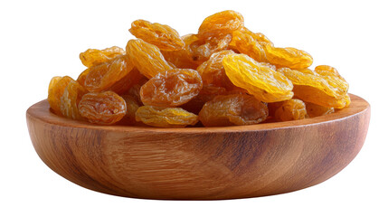 A delightful wooden bowl overflowing with golden raisins provides a natural, healthy snack option on a clean background.