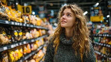 Woman at supermarket snack aisle, grocery shopping, food choices, consumer lifestyle, store interior, retail