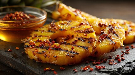 Grilled pineapple slices beside chili flakes and honey, airy layout
