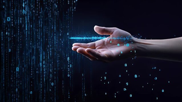 A human hand reaches into a stream of digital code against a dark background