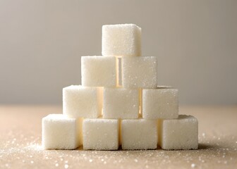 Stack of white sugar cubes close up, glistening