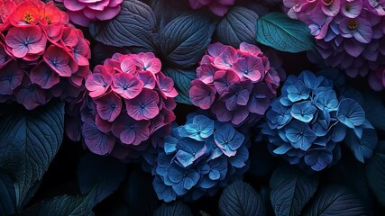 Close-up of vibrant, colorful hydrangea blossoms in deep, rich hues of pink and blue, contrasted by dark leaves