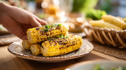 Hand placing dish of grilled corn onto set table, airy margin
