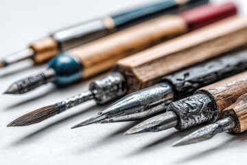 Fototapeta premium Close-up of various antique writing instruments showcasing intricate designs and textures