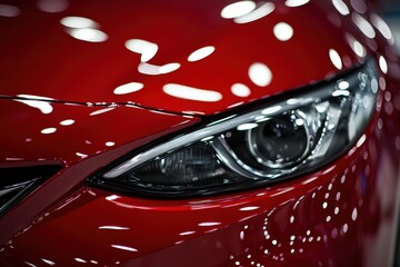 Close-Up of Red Car Headlight with Glossy Finish


