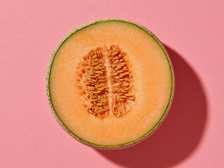 Fresh cantaloupe slice on pink background.