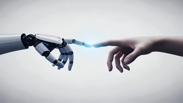 A robotic hand and a human hand reaching out to touch