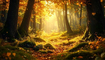 Golden sunlight streams through autumn forest (3)